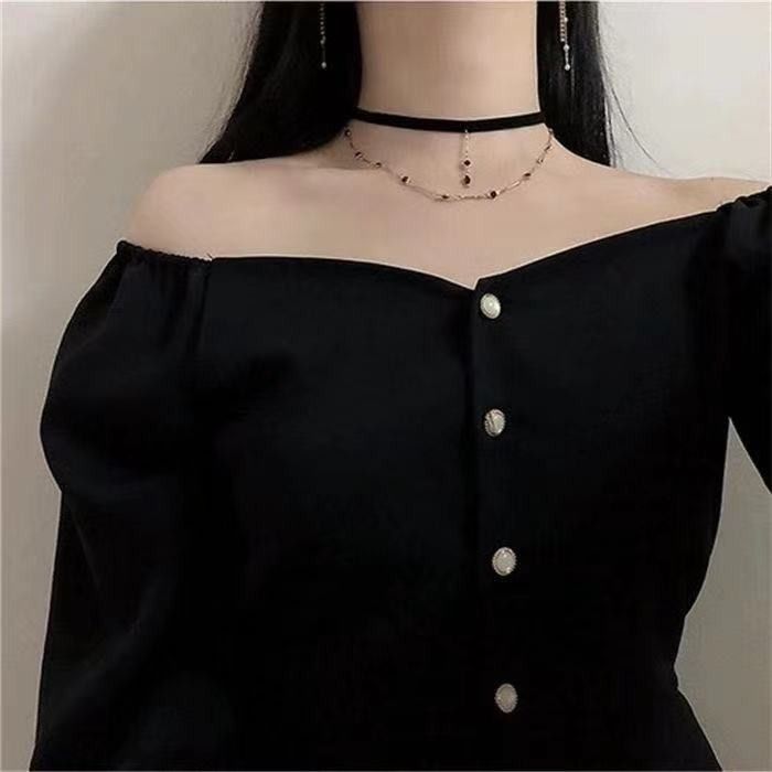 Korean Black Dress Trend Off Shoulder Button Down, Women's Fashion ...