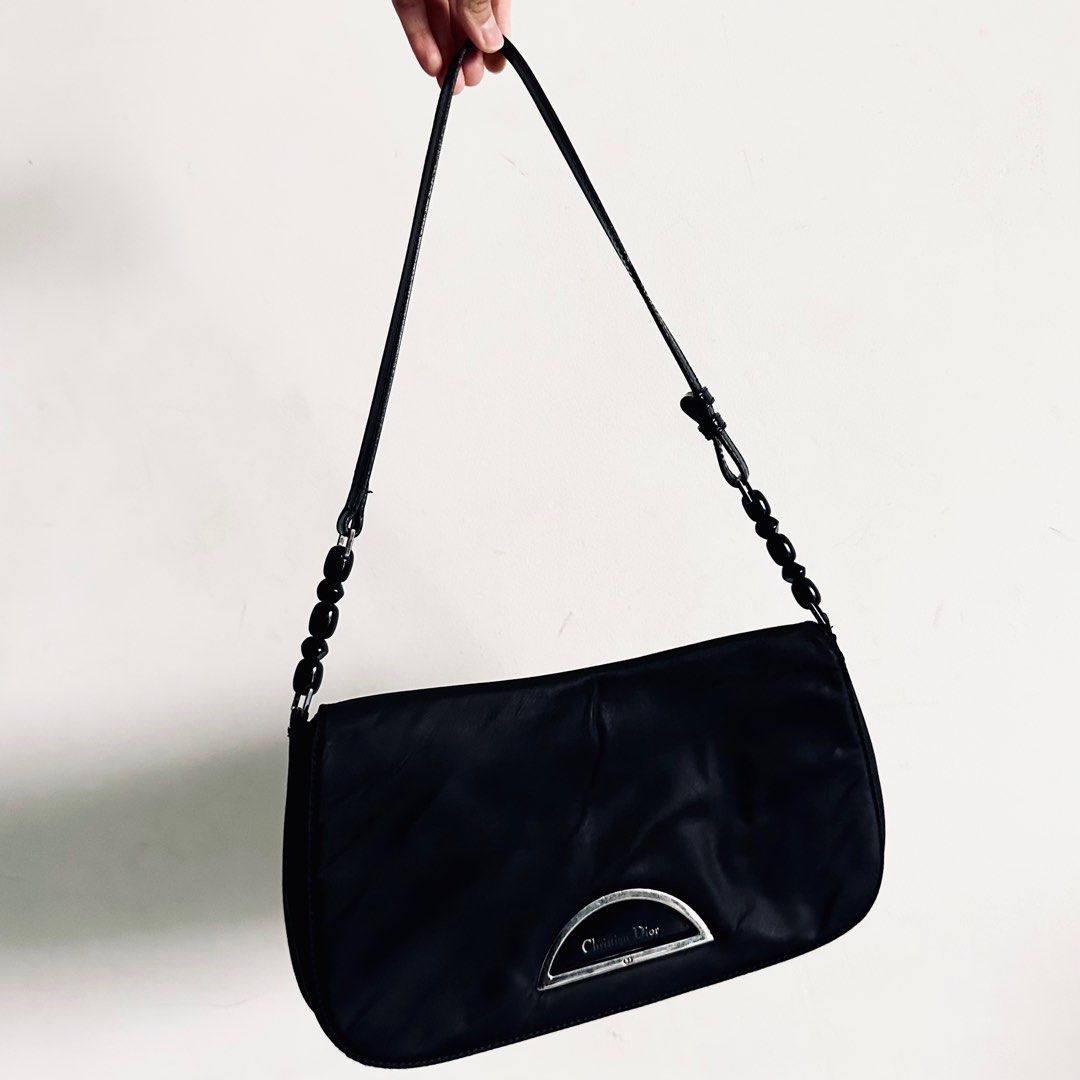LIKE NEW Christian Dior CD Malice Black Nylon Monogram Logo Hobo Baguette Pochette Flap Shoulder Bag Authentic