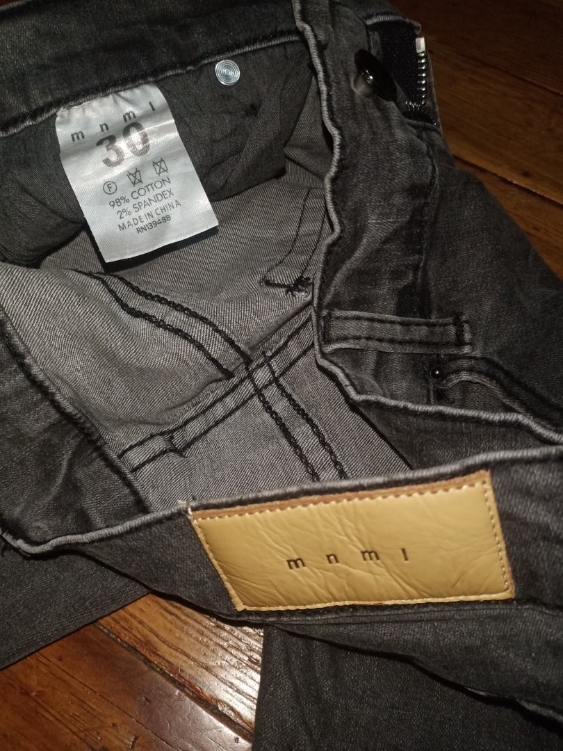 MNML Jeans (Category: Jeans) located in Baguio. Submitted by don_ben (Listing ID 1277444395, Image 3). Description: Mnml grey Stretchy material Size 30 on tag Waist 30 on tape Thigh 9½" Knee 7" Hem 5½" Actual length 43".