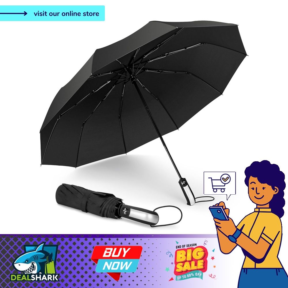 NINEMAX Compact Travel Umbrella 10 Ribs Windproof Automatic Open Close Lightweight Strong Ergonomic Handle Portable Folding Umbrellas for