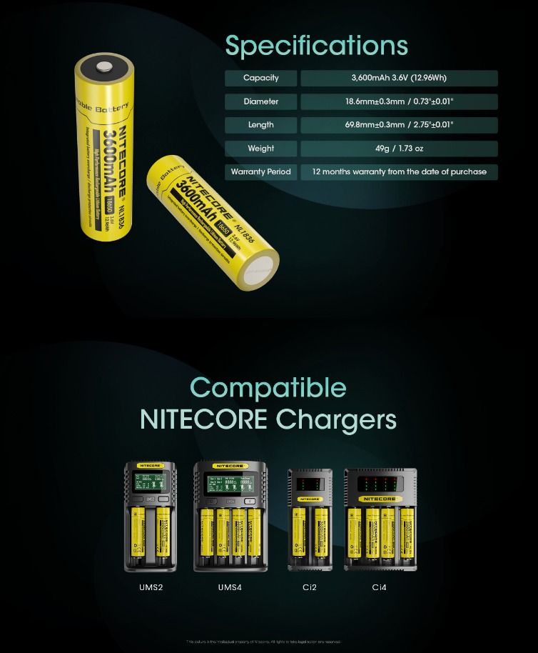 Nitecore NL1836, batería Li-ion 18650 recargable, 3600 mAh
