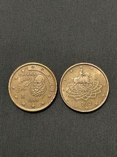 Nordic gold 50 euro cents (1999 and 2002) with multiple errors
