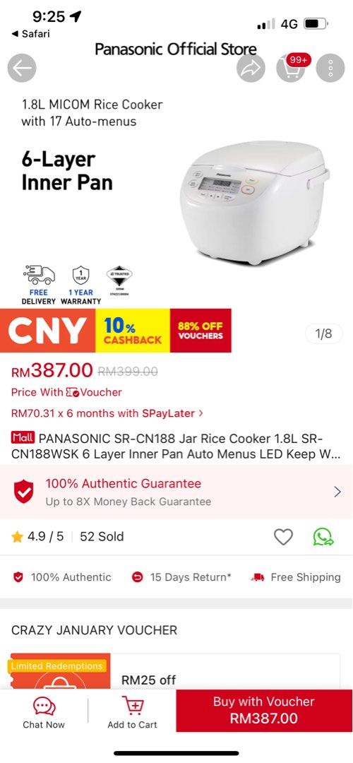 Panasonic SRCN188 rice cooker, TV & Home Appliances, Kitchen