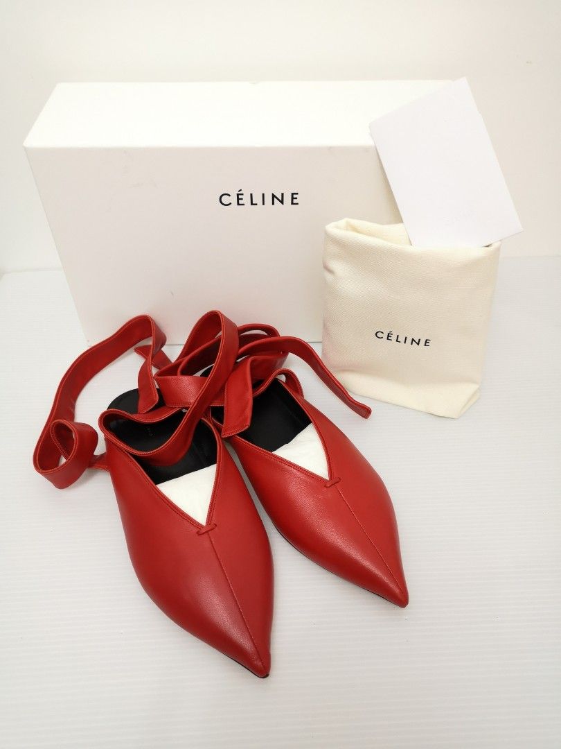 Phoebe Philo Old Celine Bright Red Nappa Strappy Pointy Flat Shoes 