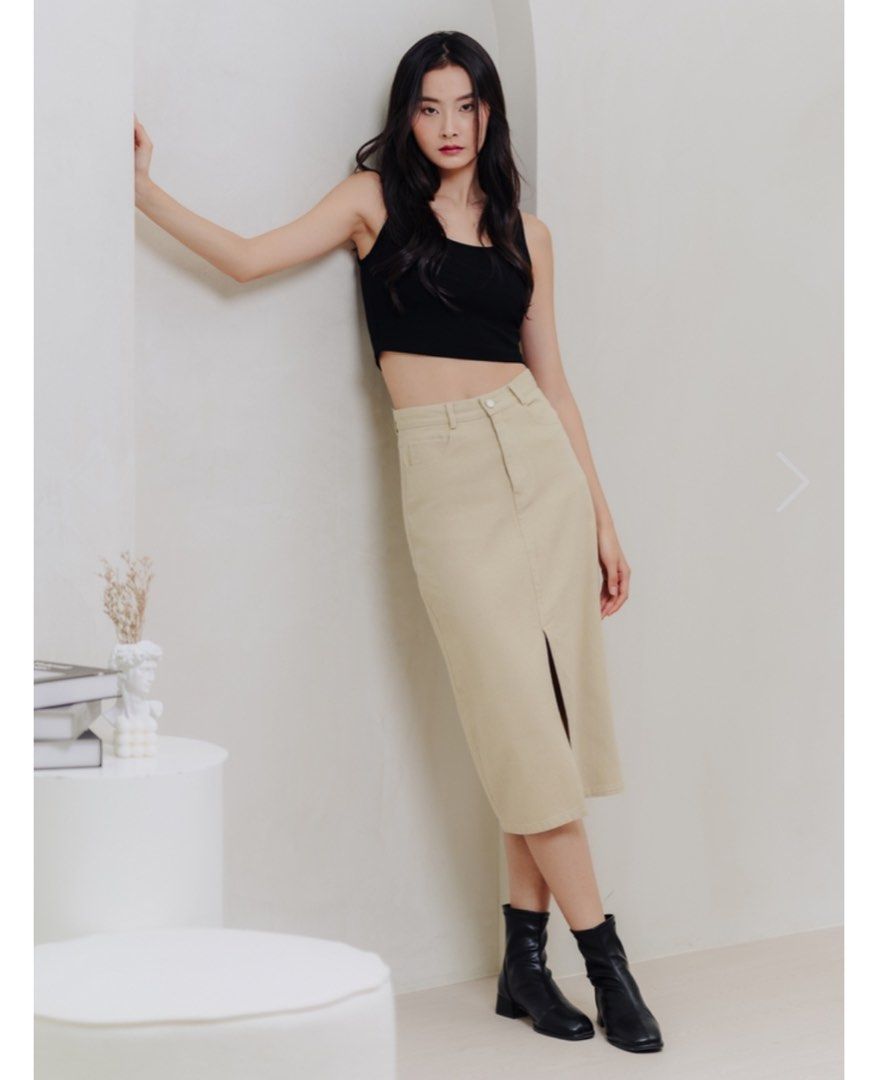 THE STAGEWALK LEXLEY DENIM MIDI SKIRT IN KHAKI Women s Fashion Bottoms Skirts on Carousell