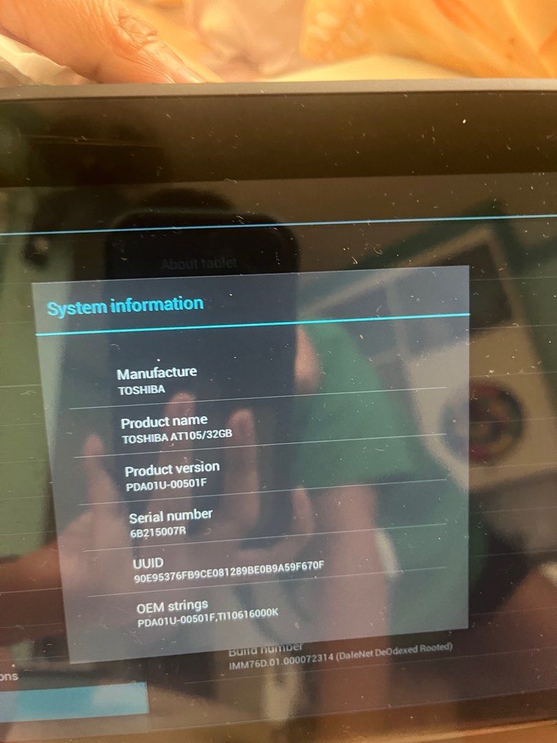 Toshiba Tablet Android 32gb (Category: Android) located in Pasig City. Submitted by sailawayannr (Listing ID 1256712743, Image 2). Description: ****READ FIRST*** Toshiba Thrive AT105 32gb Tablet Working well but not updated Wifi only Needs to be updated in order to download apps Android 4.0.4 2011 Rfs: not using. Dont know how to update .