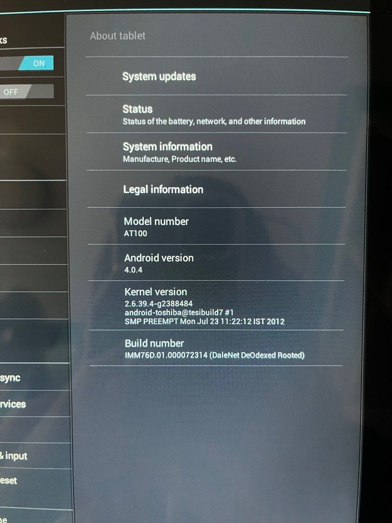 Toshiba Tablet Android 32gb (Category: Android) located in Pasig City. Submitted by sailawayannr (Listing ID 1256712743, Image 3). Description: ****READ FIRST*** Toshiba Thrive AT105 32gb Tablet Working well but not updated Wifi only Needs to be updated in order to download apps Android 4.0.4 2011 Rfs: not using. Dont know how to update .