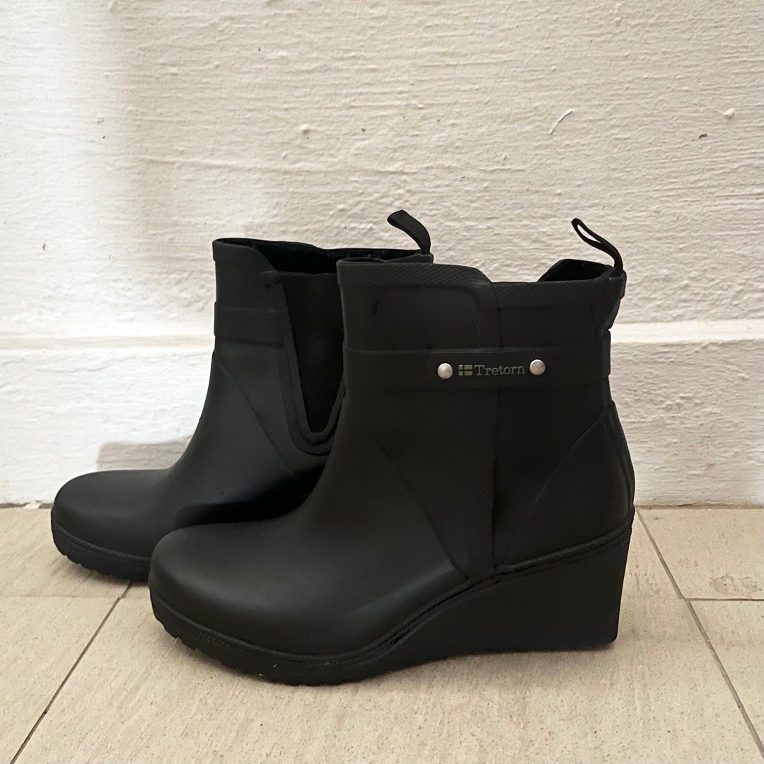 Tretorn Plask Black Rain Boots with Wedge Heel Waterproof