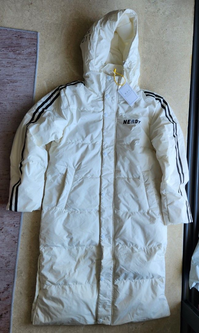 White parka Adidas strips winter wear padded jacket with hood duck down parka winter jacket knee length