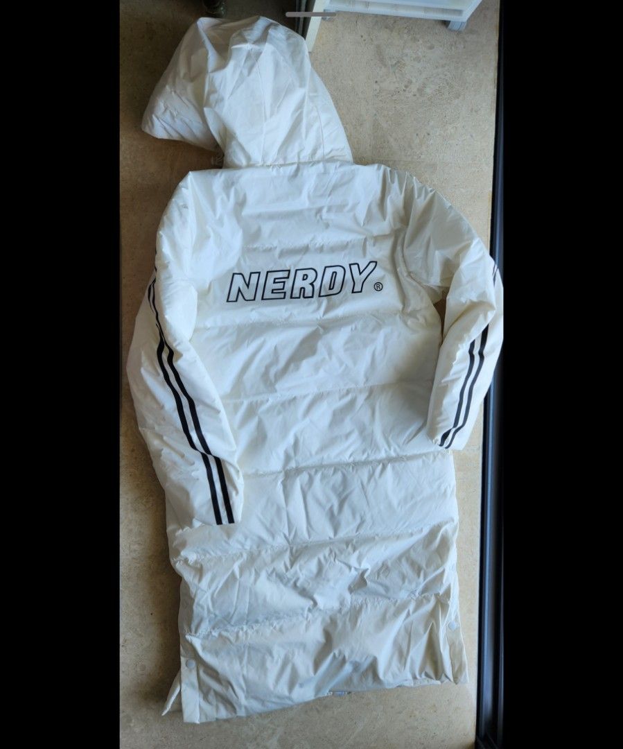 White parka Adidas strips winter wear padded jacket with hood