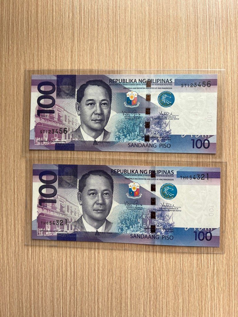 菲律賓100比索UNC順逆蛇123456 664321一對, 興趣及遊戲, 收藏品及紀念品, 錢幣- Carousell