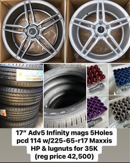 17” Adv5 Infinity mags 5Holes pcd 114 w/225-65-r17 Maxxis & lugnuts on sale for 35K