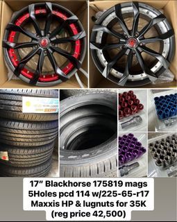 17” Blackhorse 175819 Mags 5Holes pcd 114 w/225-65-r17 Maxxis & Lugnuts for 35K