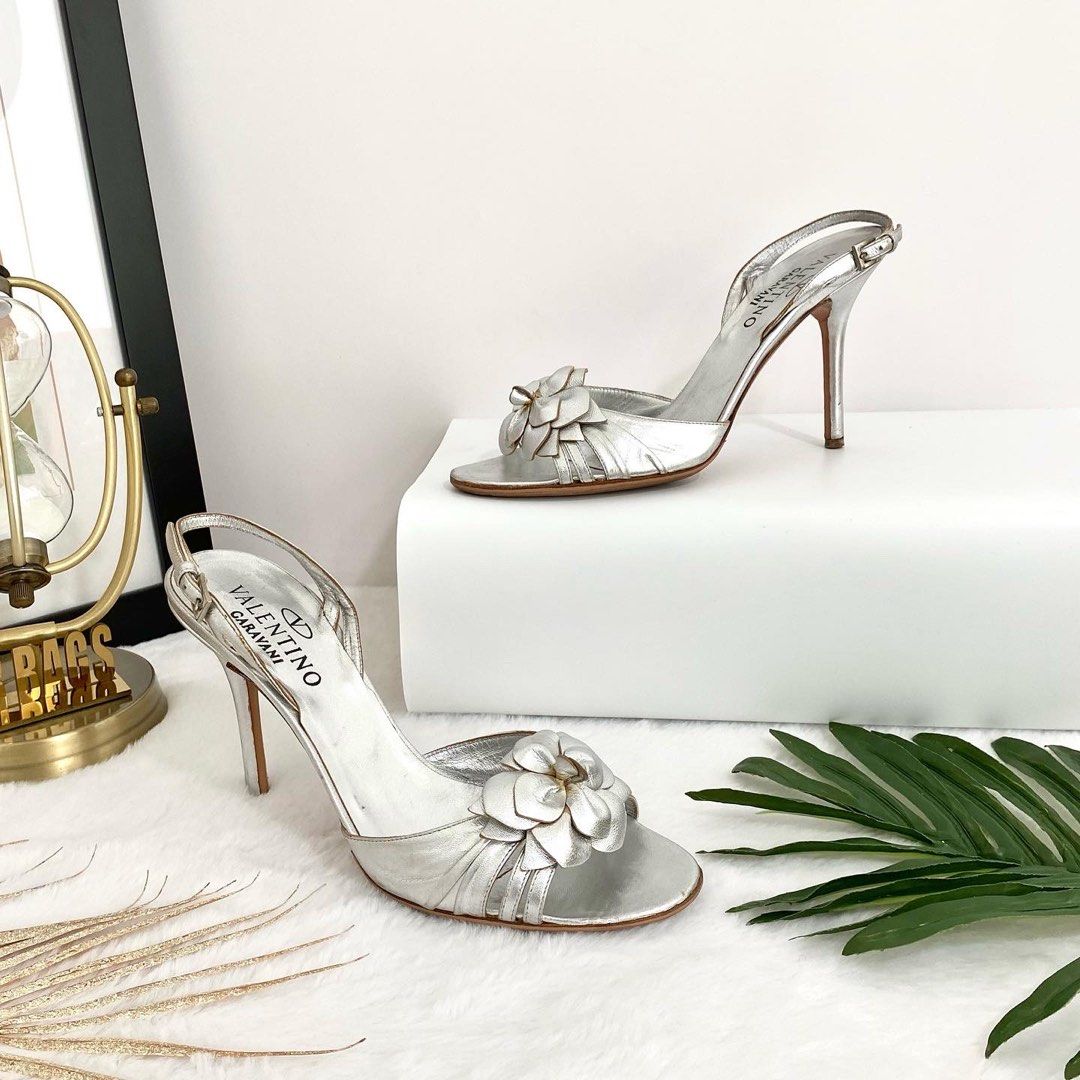 Authentic Valentino Metallic Silver Leather Sandals Heels