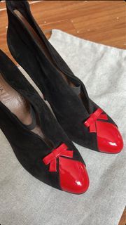 Alaia Paris Black Suede Leather Shoes-Red Patent Toe and Bow