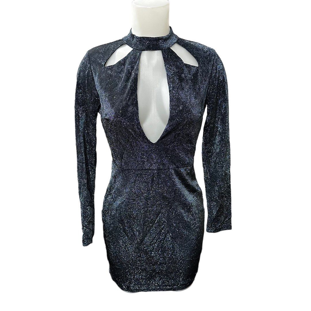 BRAND NEW CHARLOTTE RUSSE mock neck navy blue longsleeve cocktail formal midi sexy backless glitter shiny dress