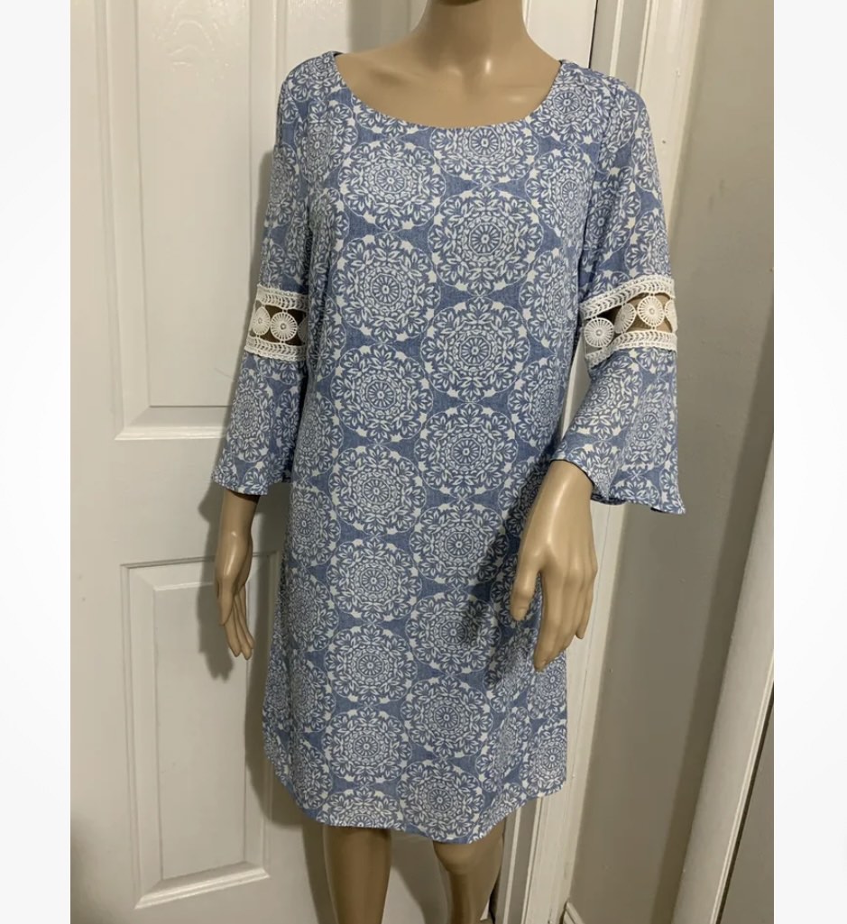 BRAND NEW WITH TAG LUXOLOGY 3 4 longsleeve dress light blue white floral medallion print tunic shift pastel