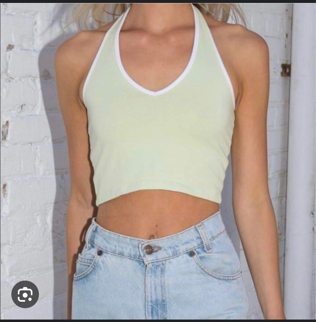 brandy melville green alexis white trim halter top, Women's Fashion, Tops,  Other Tops on Carousell