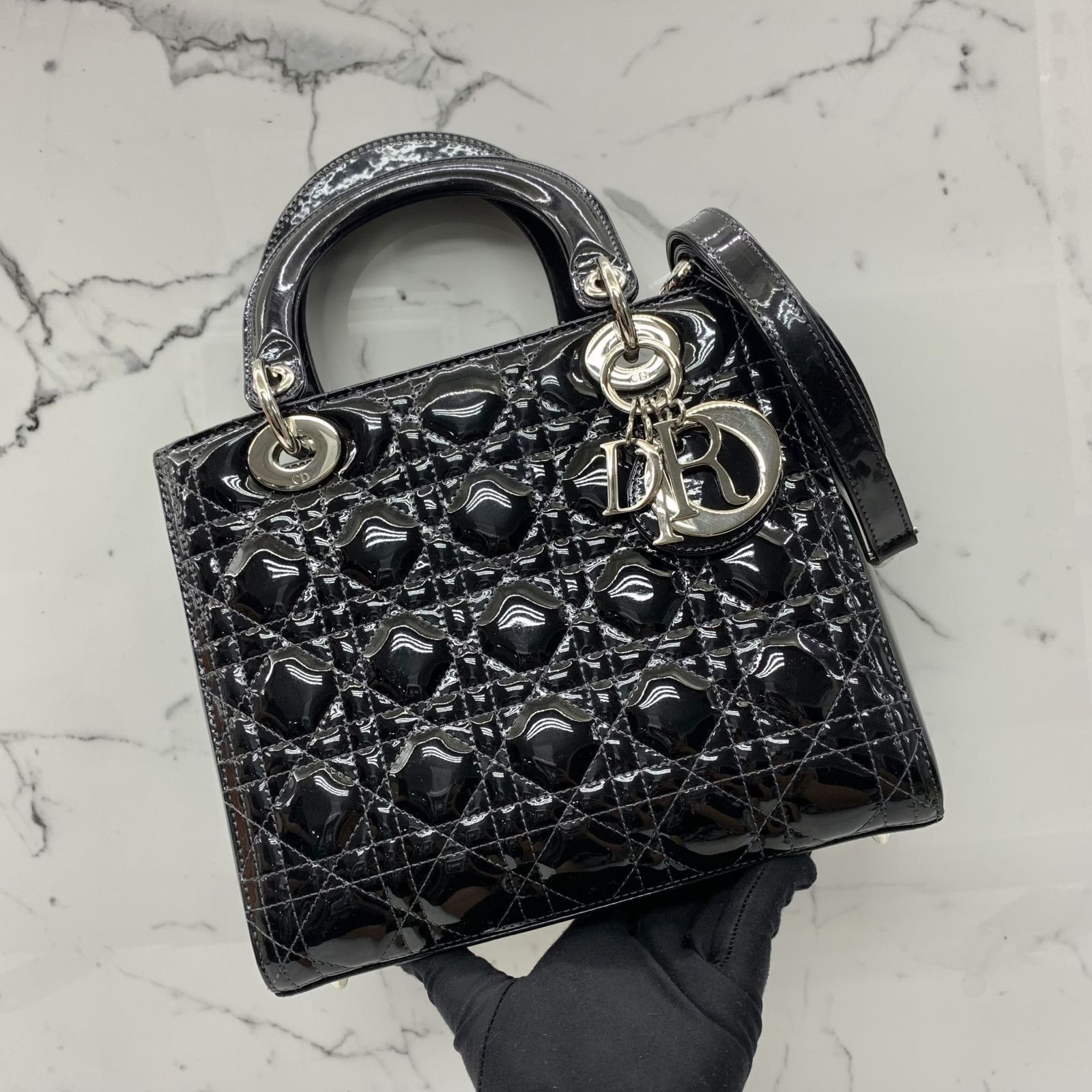 CHRISTIAN DIOR LADY DIOR RECOLOURED MEDIUM PATENT BLACK 2WAY