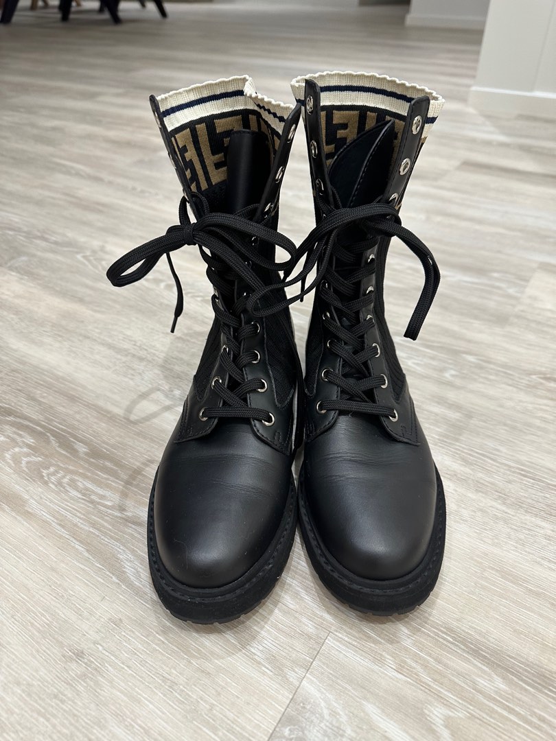 Fendi Rockoko Leather Knit Combat Boots Size 39