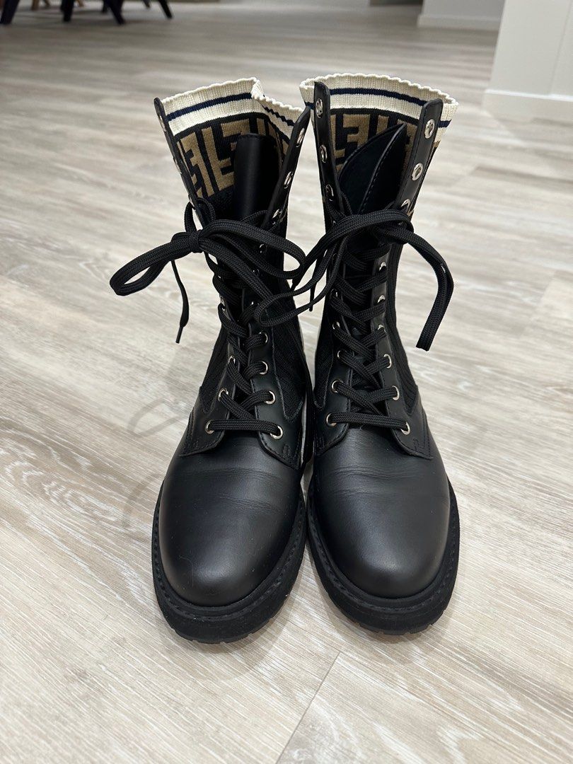Fendi rockoko leather and knit combat boots outlet