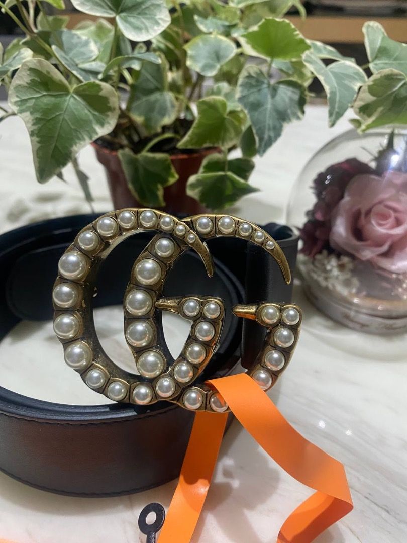 Wide leather belt deals with pearl double g