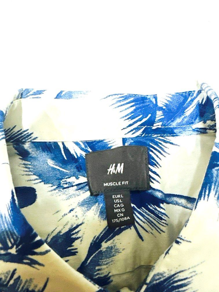 H M Button Up Hawaiian Shirt Mens Large L Musle Fit Blue And