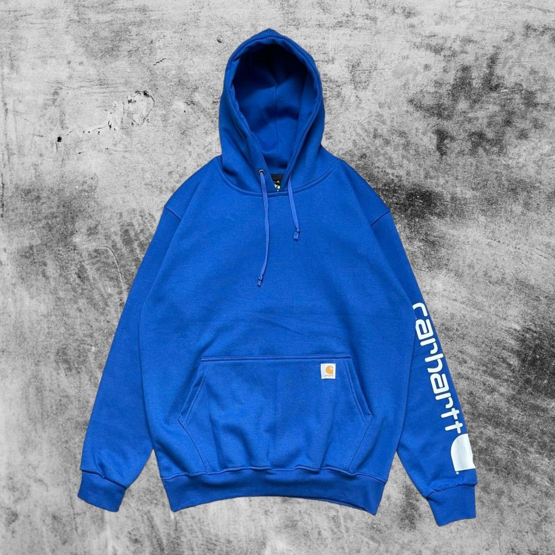 Hoodie Carhartt Spellout Sleeve Logo Biru, Fesyen Pria, Pakaian