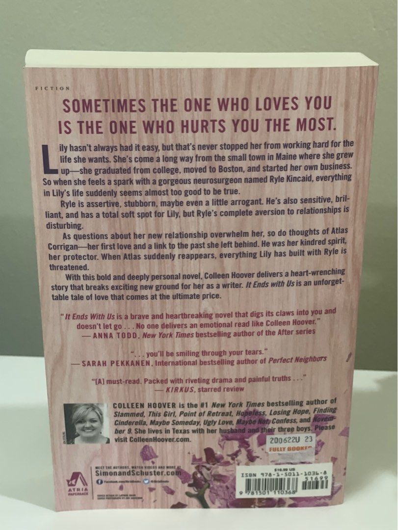 It Ends With Us book by Colleen Hoover (Category: Storybooks) located in Pasig City. Submitted by decluttts (Listing ID 1277832924, Image 2). Description: It Ends With Us » never been used/read » in good condition! (refer to photos).