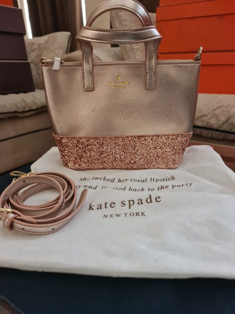 Kate Spade New York Lola Glitter Shimmy Large Tote Purse Bag Rose Gold  Pouch Set | eBay