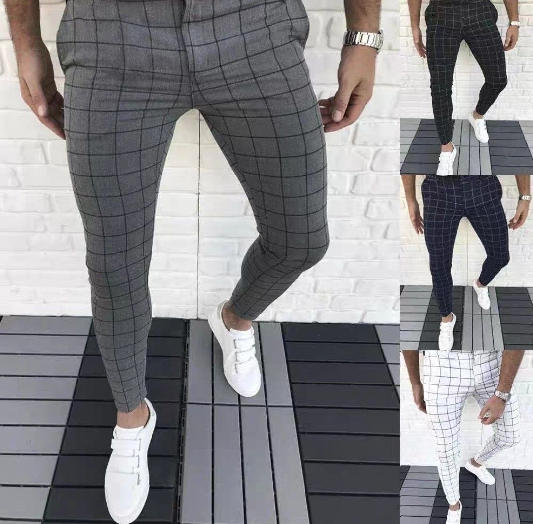 Men's Plaid Dress Pants Casual Slim Fit Checkered Business Trousers White  30 