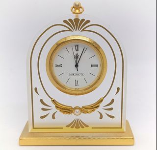 Mikimoto Small Table Clock with Gold Winged Pearl, Elegant Mikimoto International Quartz Desk Clock, Working with Battery, 