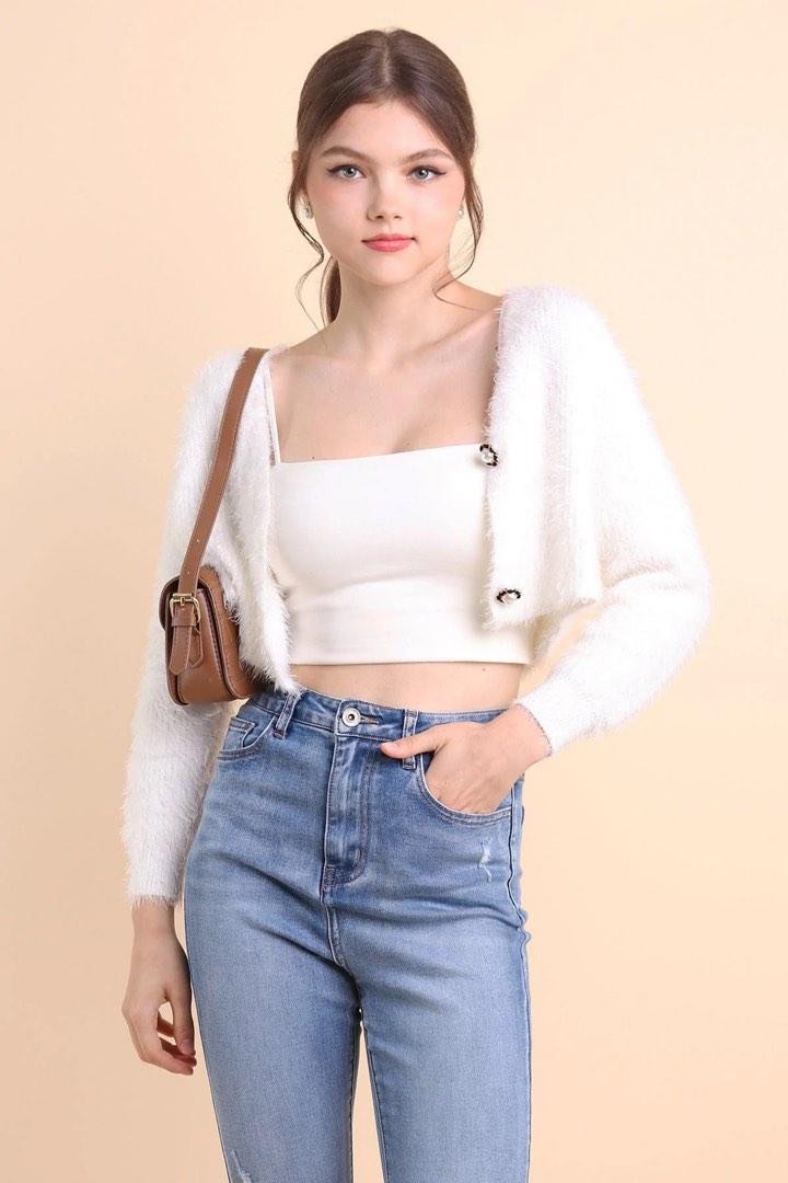 White fluffy discount cropped cardigan