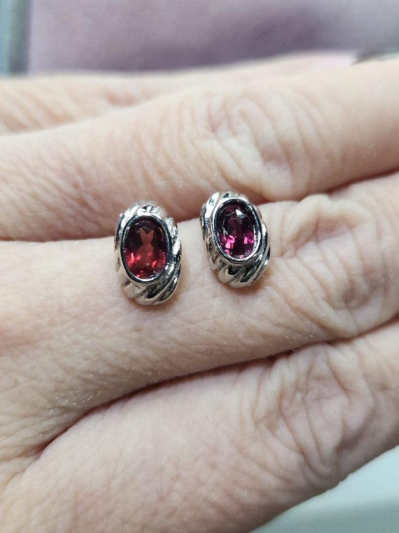 Natural Red Garnet Crystal S925 Silver Needle Ear Studs