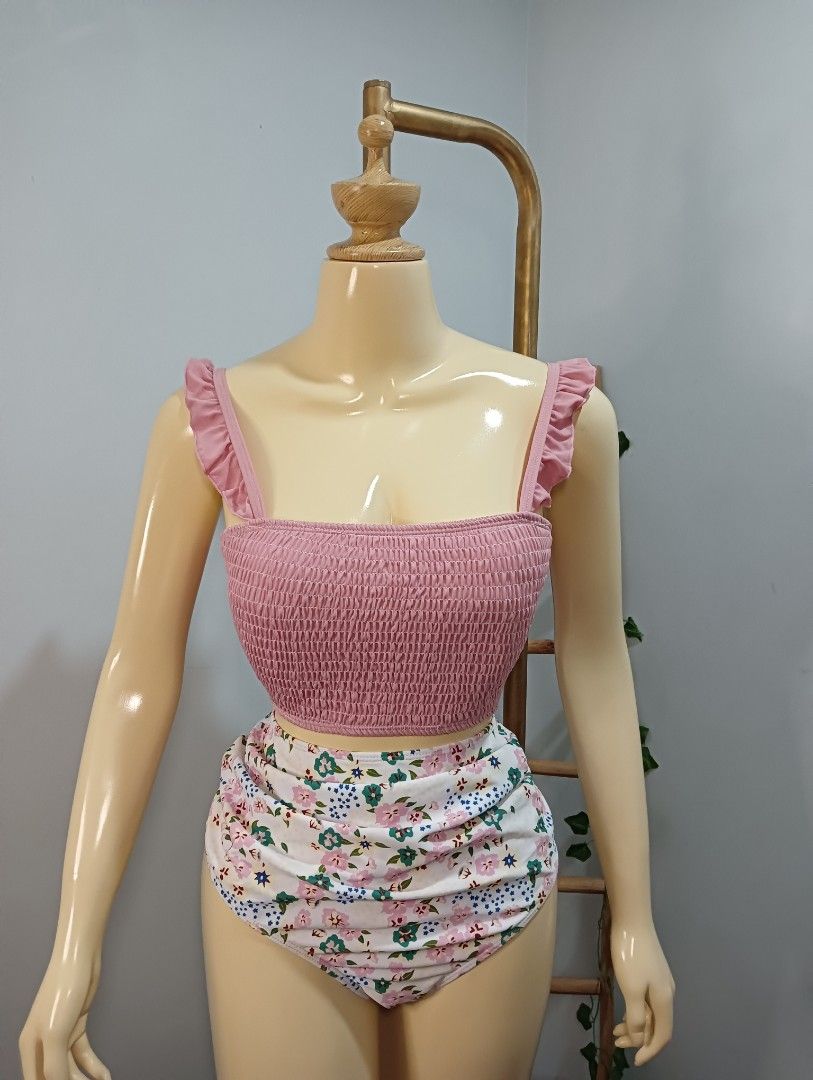 Pink Smocked Top High Waist Bikini Two Piece Swimsuit Padded Beach Summer  Large XL, Women's Fashion, Swimwear, Bikinis & Swimsuits on Carousell