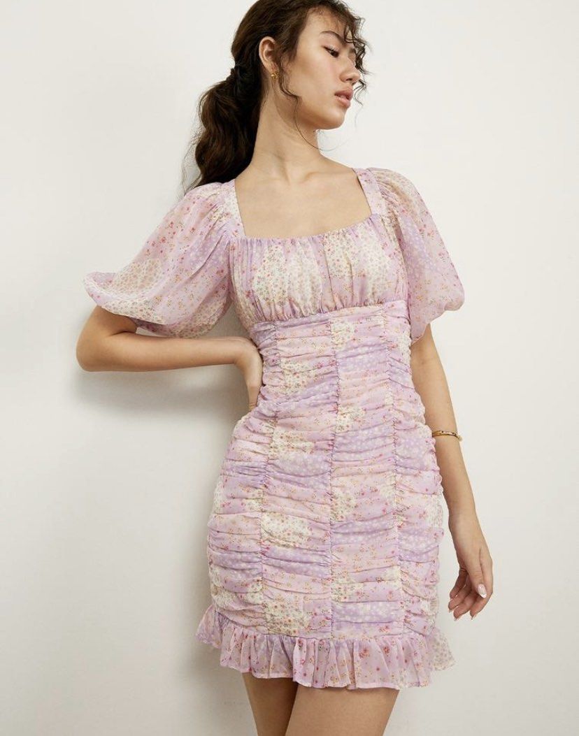 Pomelo Ruched Square Neck Mini Dress Lilac purple, Women's Fashion, Dresses  & Sets, Dresses on Carousell