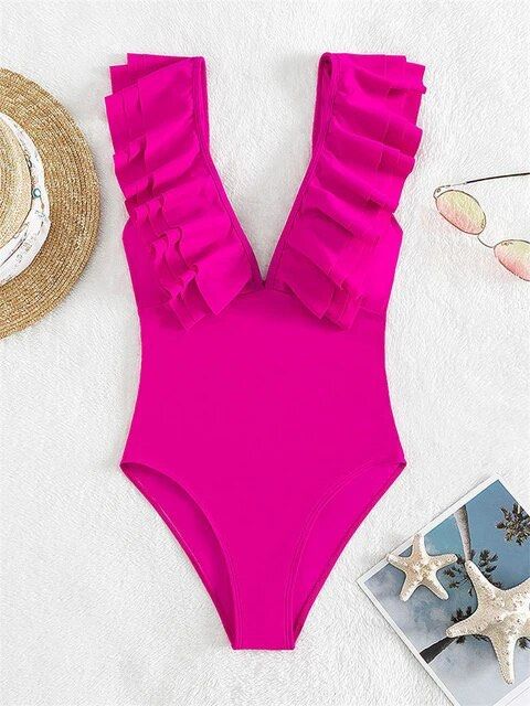 Shein Hot Pink Ruffle Trim One Piece Swimsuit Women S Fashion Swimwear Bikinis And Swimsuits On