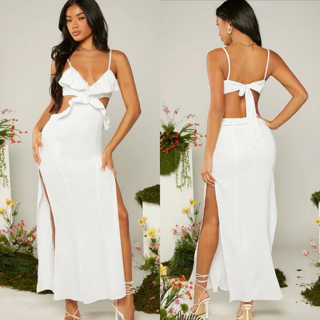SHEIN Vacay white maxi long beach summer slit sexy dress, Women's
