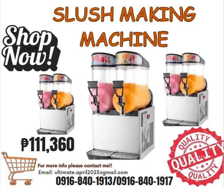 slush making machine with 2 flavors (Category: Ice-cream Makers) located in Pasig City. Submitted by akiramckency (Listing ID 1277703910, Image 1). Description: Model : XSC-2 Capacity (Liters) 2X15L Feature Embraco Compressor Temp.: -1°C ~ -3°C Slush mode&Juice mode LED light lids Power (W) :700w Dimension (mm) Net: 365x475x713mm Packing : 435x545x830mm Weight (Kg) 52 Price :111,360.00.