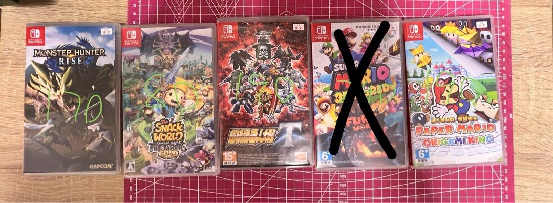 Switch game （分類：Nintendo 任天堂）位於 Hong Kong。 由 drawoh. 提交（商品編號 1270394750，圖片 1）。簡介： 價錢如圖所示 Monster Hunter Rise $170 Snack World $80 超級機器人大戰T $190 Super Mario 3D World $240 Paper Mario Origami King $190 買兩隻平$10 三隻平$20 …。