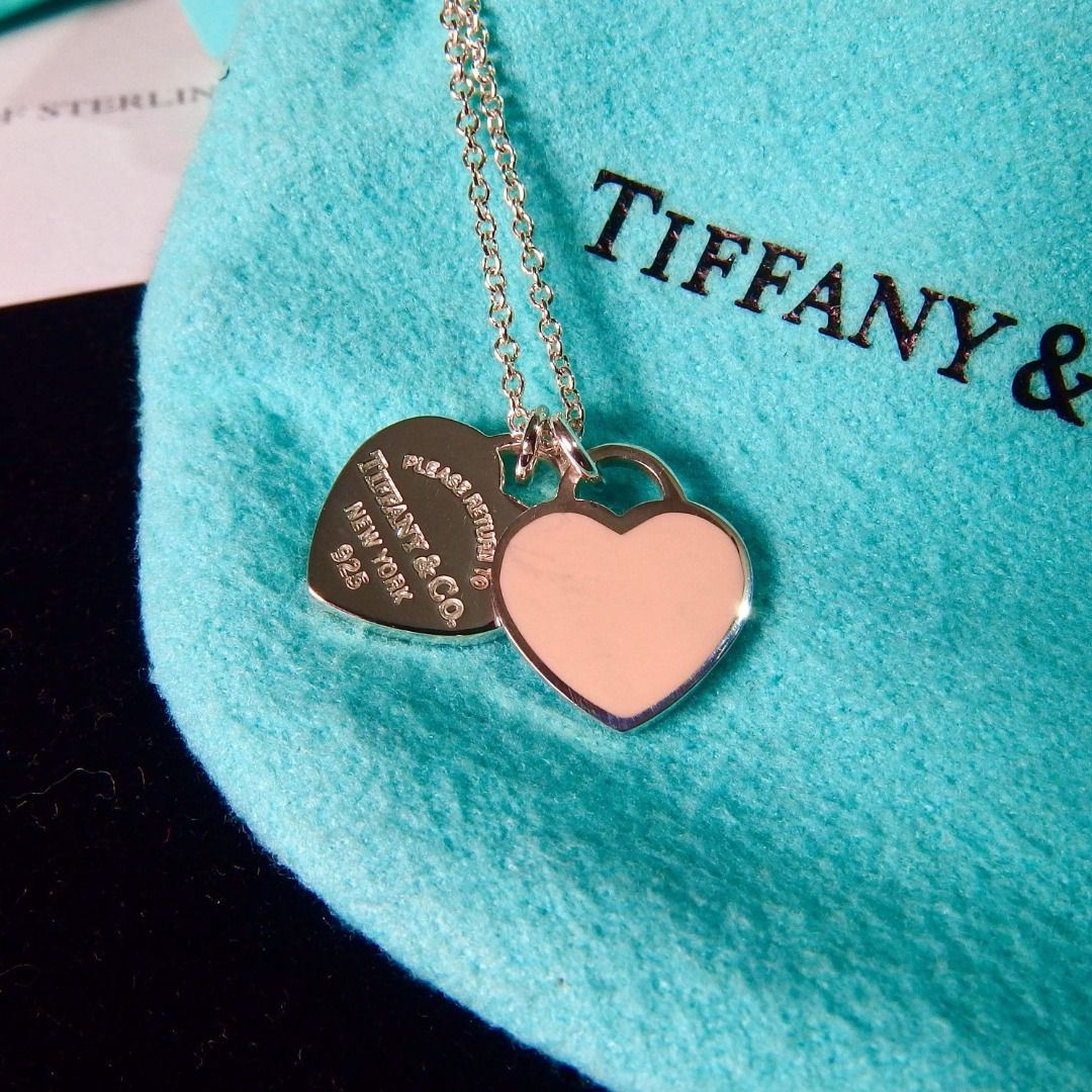 Tiffany Co Return to Tiffany Mini Double Heart Tag Pendant in Silver with Pink Enamel Finish