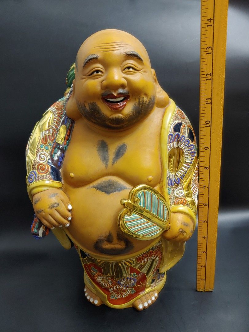 Vintage Japan Moriage Pottery Kutani Hotei 14 Statue Laughing Buddha vintage-japan-moriage-pottery-kutani-hotei-14-statue-laughing-buddha