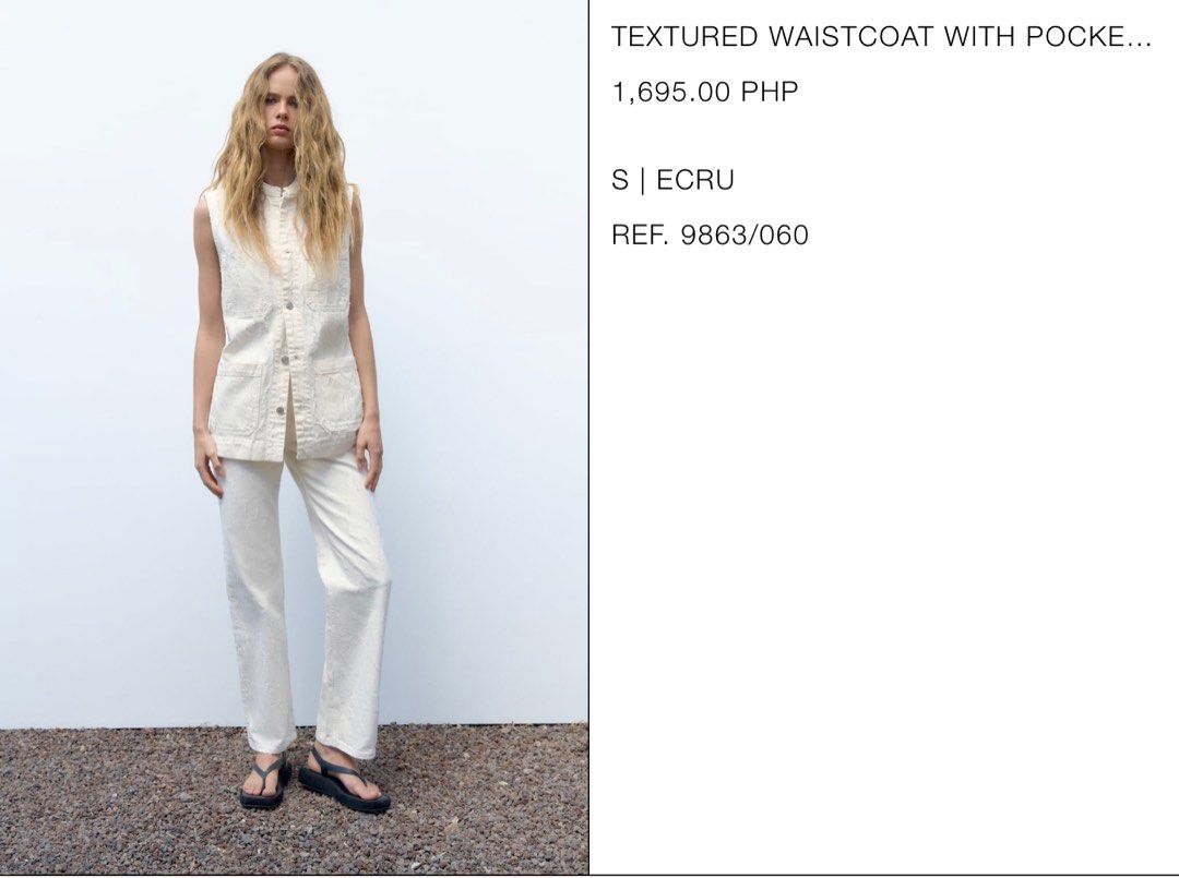 Zara - Textured Waistcoat with Pockets (Category: Others Tops) located in Quezon City. Submitted by margostte (Listing ID 1277621657, Image 2). Description: Size: S Condition: Washed but never used! Really good quality but does not fit me. Selling for the same price I bought it :) All rights belong to the owner of the photos. No Copyright Infringement intended..