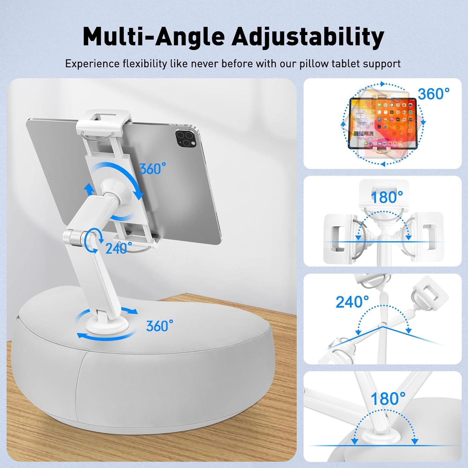 AboveTEK Tablet Pillow Holder for Bed Hands Free 360 Swivel Pad Pillow Stand for Lap in Bed Laying Down with Soft Bean Bag