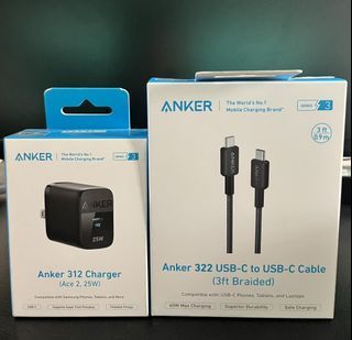 Anker 312 25w Charger and Anker 322 USB C to USB C Cable 3ft braided set