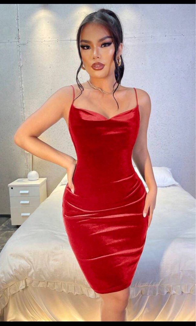 Bright chili red velvet spag drape dress Women s Fashion Dresses Sets Dresses on Carousell