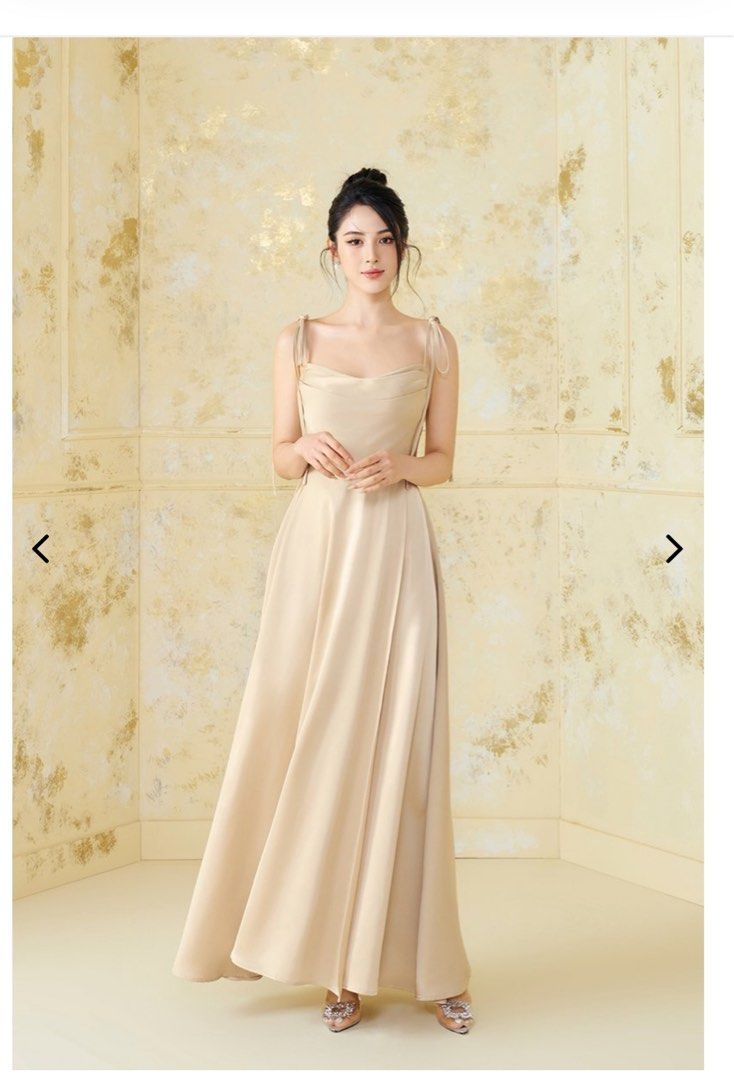 CASSIDY SILKY SATIN RIBBON STRAP MAXI DRESS IN GOLD
