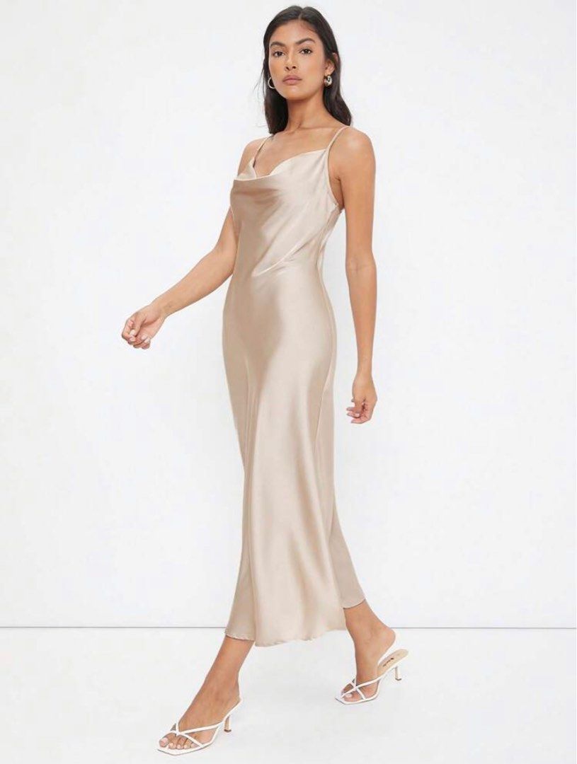 Champagne cowl neck satin slip dress Women s Fashion Dresses