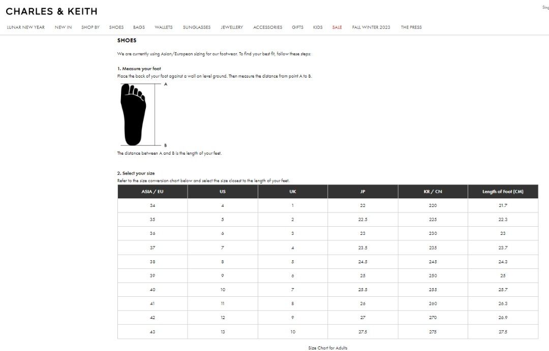 Charles and keith shoes size chart hot sale