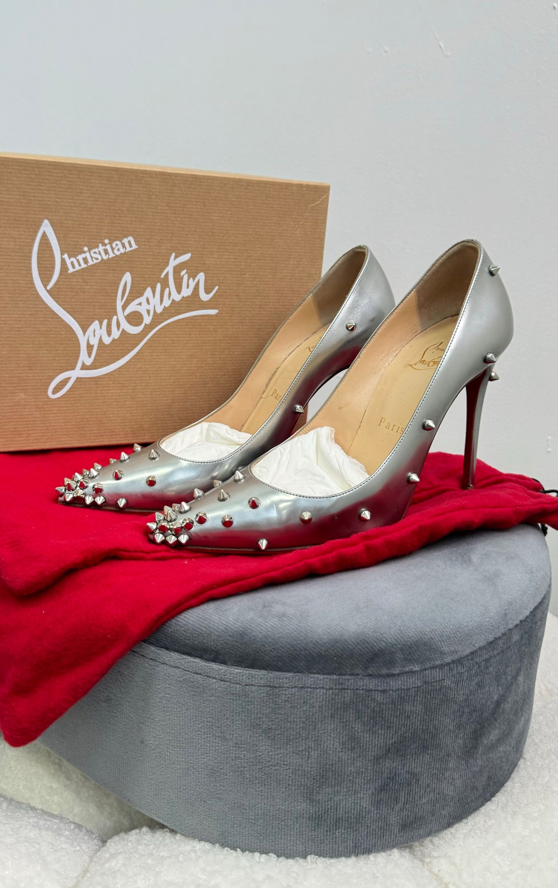 Christian Louboutin Metallic Silver Leather Degraspike Pointed Heels